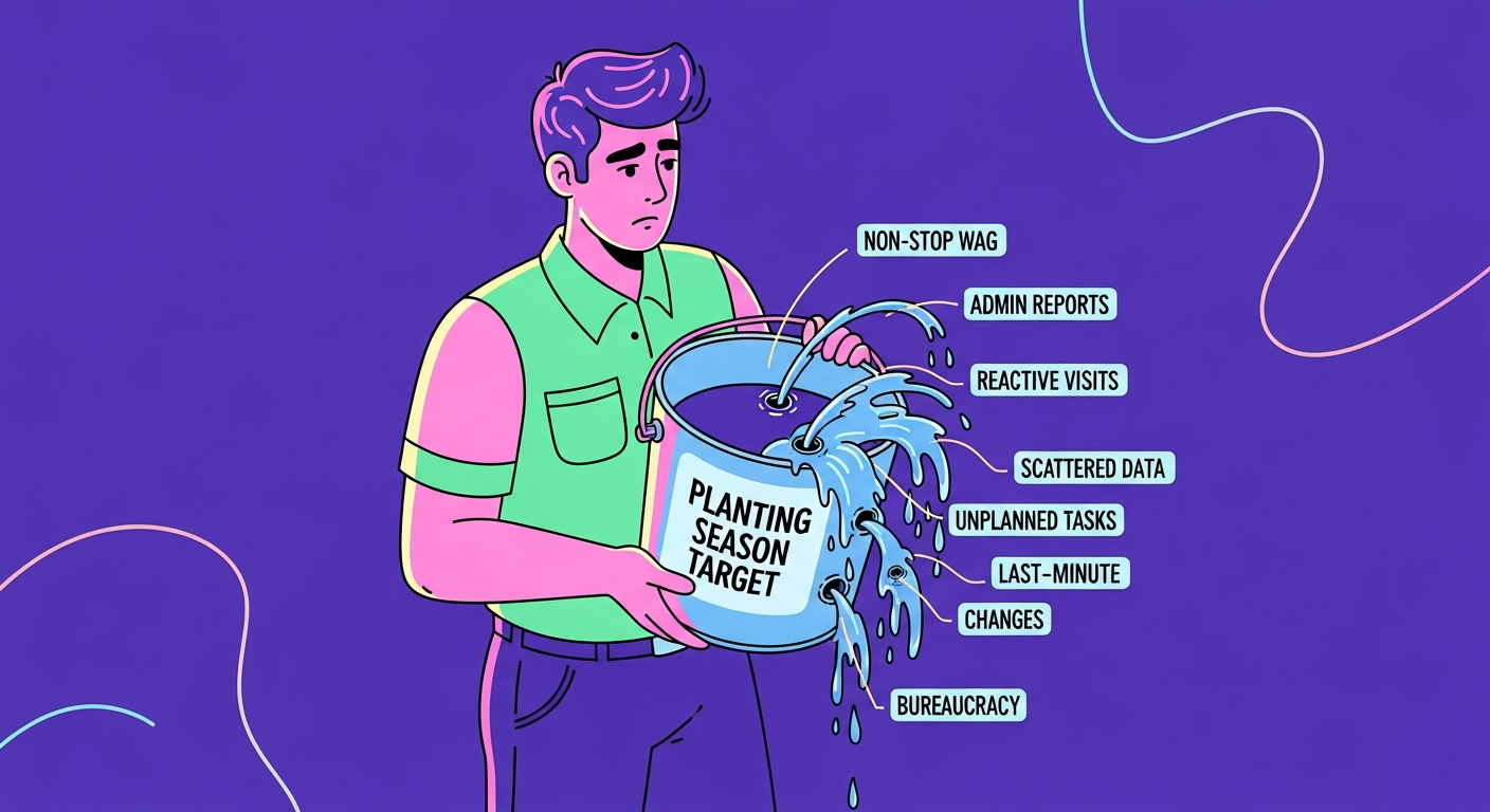 Ilustrasi seorang profesional industri agro input yang mengalami 7 kebocoran produktivitas, seperti WAG dan laporan, yang menghambat tercapainya target musim tanam.)