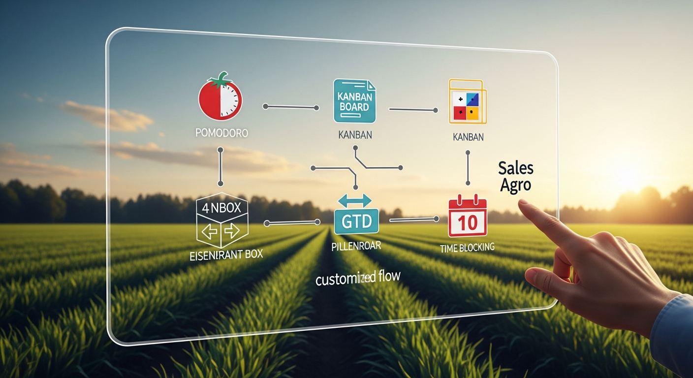 Diagram visual menunjukkan bagaimana seorang sales agro menggabungkan 5 sistem produktivitas personal (GTD, Pomodoro, Kanban, Eisenhower) di papan tulis digital untuk memilih gaya kerja yang tepat.