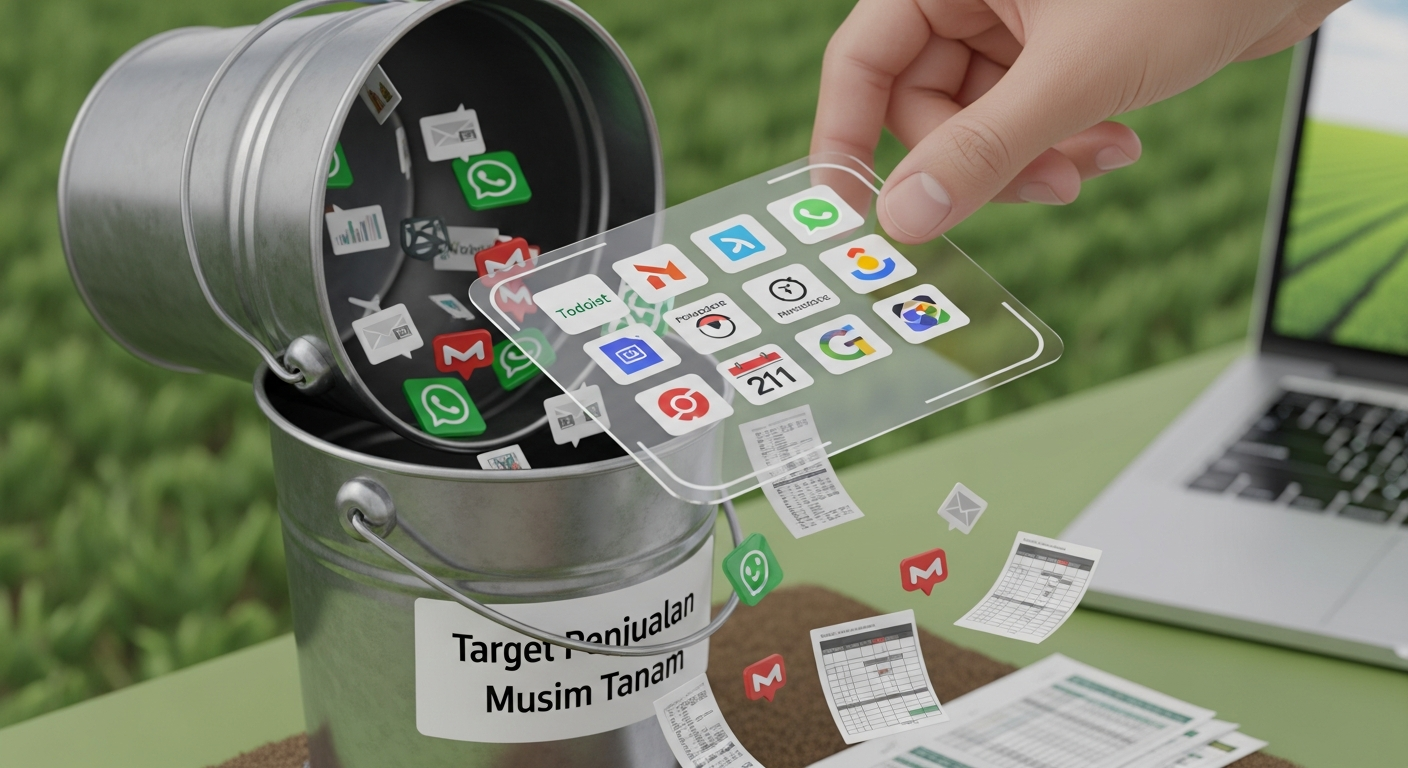 Ilustrasi 3D isometrik menunjukkan sebuah ember berlabel 'Target Penjualan' yang bocor notifikasi WAG dan data. Sebuah tambalan digital berisi 10 ikon aplikasi (Todoist, Notion, Pomodoro) sedang menambal kebocoran, melambangkan **aplikasi produktivitas terbaik untuk sales agro** mengatasi kekacauan digital.