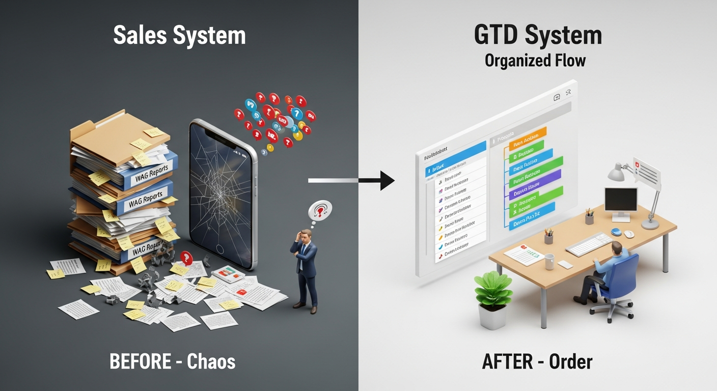Ilustrasi 3D isometrik yang membagi area kerja tim sales agro menjadi dua: sisi kiri kacau dengan WAG overload, dan sisi kanan rapi dengan sistem GTD (Getting Things Done) di Kanban board, melambangkan **manajemen tugas efektif** untuk **Tim Sales Agro**.