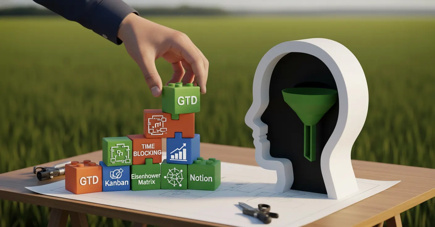 seorang profesional agro input yang sedang merakit blok-blok modular (GTD, Time Blocking, Kanban) menjadi sebuah kerangka kerja **sistem produktivitas pribadi** yang kokoh, melambangkan **membangun sistem kerja anti-bocor** yang personal.